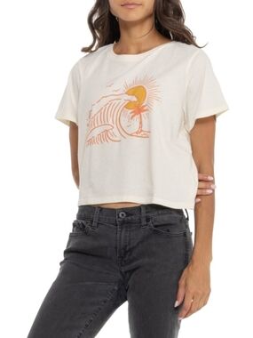 Marine Layer Cream Cropped Tee with Orange Sun & Wave